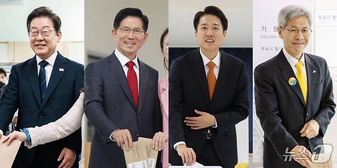 더불어민주당 이재명(왼쪽부터), 국민의힘 김문수, 개혁신당 이준석, 민주노동당 권영국 대통령 후보가 제21대 대통령선거 사전투표 첫날인 29일 투표하고 있다. 2025.5.29/뉴스1 ⓒ News1 안은나 기자