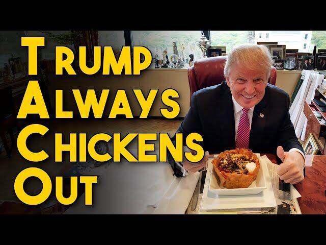 ‘트럼프는 항상 겁먹고 물러난다(Trump Always Chickens Out)’는 신조어 '타코(TACO)'에 2016년 5월 멕시코 전통 음식인 '타코 볼'을 먹고 있는 트럼프의 사진을 합성한 이미지/스레드