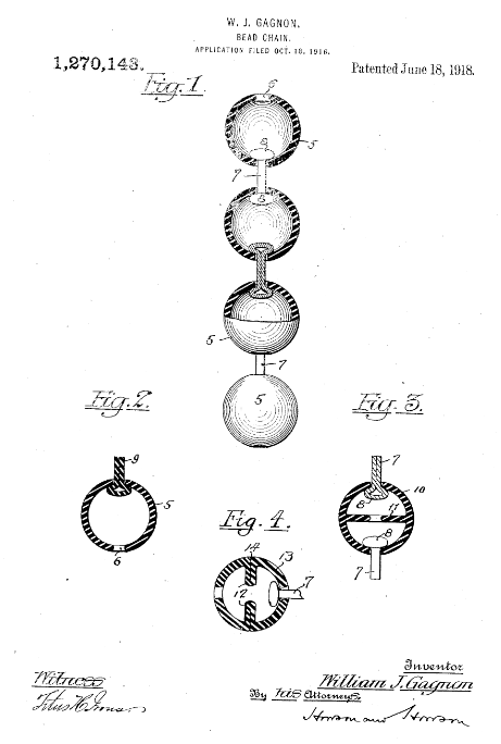 1916년 출원, 1918년 등록된 윌리엄 가뇽(William J Gagnon)의 특허 US1270143A 비드 체인. 가뇽은 최초 출원 자신의 발명품에 대해 당시 절연 재료를 활용한 사슬로 설명했다. 최초 발명자라고 확언할 수는 없으나, 미국 특허청(USPTO)에서 확인할 수 있는 가장 이른 기록 중 하나다. [사진 출처=구글 특허]