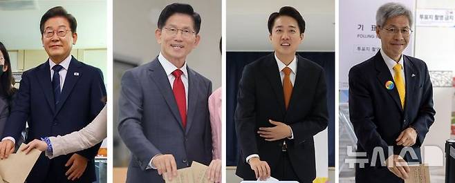 [서울=뉴시스] 조성우 권창회 김종택 기자= 이재명(왼쪽사진부터) 더불어민주당 대선후보, 김문수 국민의힘 대선후보, 이준석 개혁신당 대선후보, 권영국 민주노동당 대선후보가 29일 사전투표를 하고 있다. 이 후보는 신촌동 주민센터, 김 후보는 계양1동 주민센터,  이 후보는 동탄9동 행복복지센터, 권 후보는 여수 주암마을회관에서 각각 투표를 마쳤다. 2025.05.29. photo@newsis.com