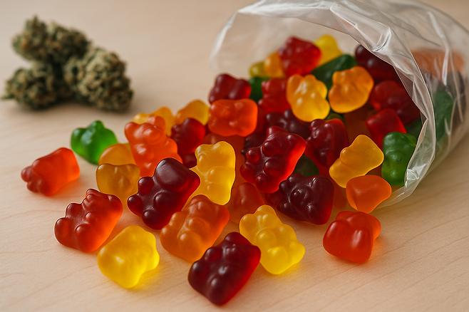 봉지에서 쏟아져있는 곰젤리