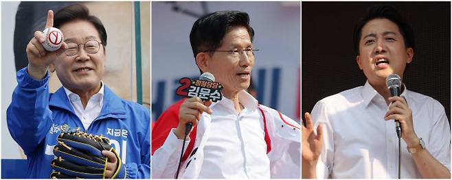 제21대 대통령 선거 사전투표 첫날인 29일 더불어민주당 이재명 대선후보(사진 왼쪽부터)가 서울 송파구 잠실종합운동장 광장에서, 국민의힘 김문수 대선후보가 경기 안산시 안산문화광장에서, 개혁신당 이준석 대선후보가 서울 성북구 안암역 인근에서 지지를 호소하고 있다. (사진=연합뉴스)