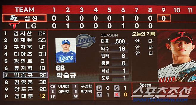 31일 잠실구장에서 열린 LG 트윈스와 삼성 라이온즈의 경기. 9회초 선두 타자 박승규가 타석에 들어서자 앞선 타석 안타를 나타낸 전광판 모습. 잠실=박재만 기자 pjm@sportschosun.com/2025.05.31/