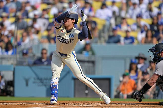 1일 뉴욕 양키스와의 홈 경기에서 시즌 2호 2점 홈런을 터트린 LA 다저스의 김혜성./Imagn Images 연합뉴스