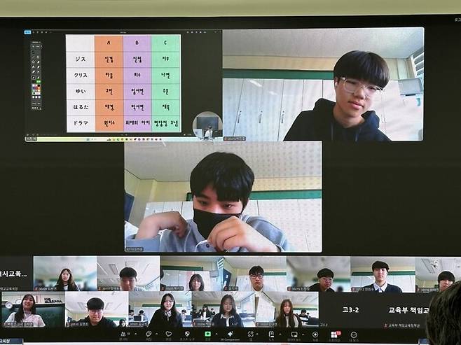 백령고 학생들이 인천온라인학교 실시간 수업에 참여해 교사의 질문에 답변하고 있다. 신소윤 기자 yoon@hani.co.kr