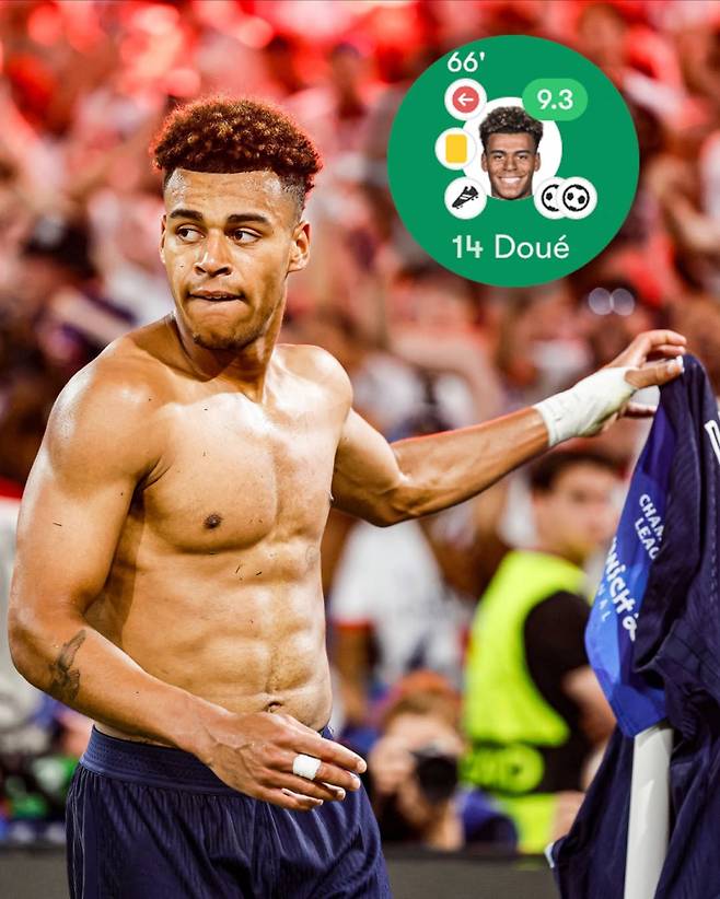 PSG 두에가 2024~25 UCL 결승전 인터 밀란과 경기에서 2골 1도움을 몰아치며 팀의 5-0 대승에 기여했다. UCL 결승전에서 3개의 공격 포인트를 올린 건 호날두, 메시도 해내지 못한 기록이다. 사진=TNT스포츠