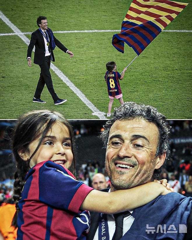 [서울=뉴시스] 프랑스 프로축구 리그앙 파리 생제르맹(PSG)의 루이스 엔리케 감독이 과거 FC바르셀로나(스페인) 시절 그의 딸이 함께 깃발을 꽂는 모습. (사진=ESPN FC SNS 캡처)  *재판매 및 DB 금지