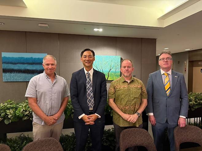 U.S. Election Monitoring Delegation members pose for a photo during their visit to South Korea on May 25. From left: Grant Newsham, former U.S. Marine colonel; Morse Tan, former U.S. Ambassador-at-Large for Global Criminal Justice; John Mills, retired U.S. Army colonel and former Director of Cybersecurity Policy, Strategy, and International Affairs; and Bradley Thayer, Ph.D. in Political Science from the University of Chicago. /Photo by Hyun Jung-min