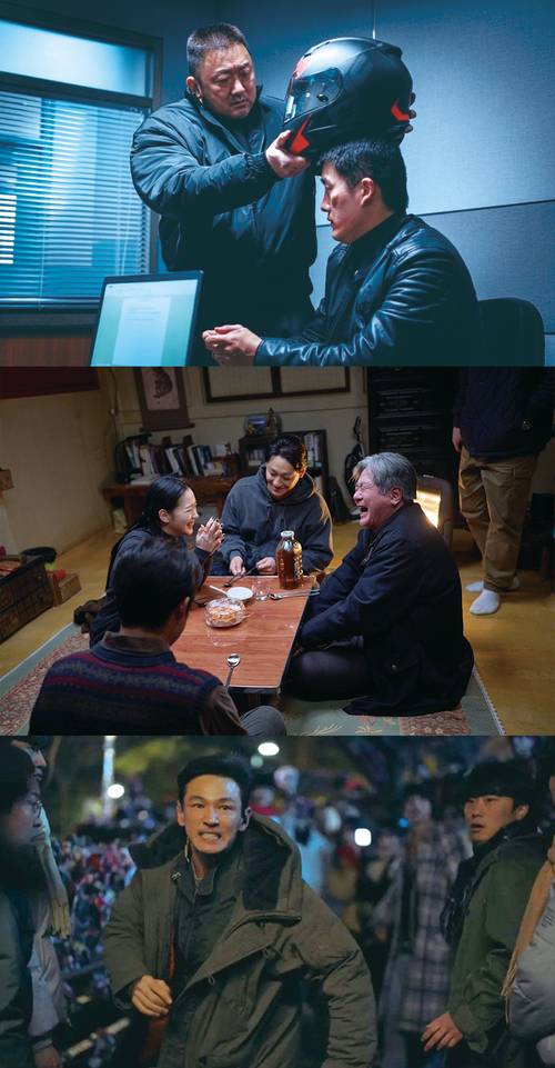 (위로부터)‘범죄도시4’ 스틸컷(사진 에이비오엔터테인먼트),‘파묘’ 촬영컷(사진 쇼박스 공식 SNS),‘베테랑2’ 스틸컷(사진 CJ ENM)