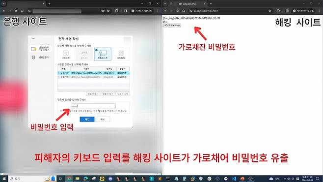 KAIST 연구팀이 국내 금융 보안 소프트웨어가 오히려 해킹 통로로 쓰인다는 취약점을 확인하고 비밀번호 탈취 상황을 시연하고 있는 장면. KAIST 제공