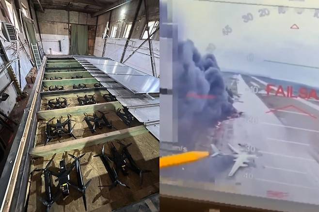 우크라이나 보안국(SBU)이 러시아 본토에 있는 공군기지를 목표로 대규모 드론 공격을 감행했다. 사진=엑스(@maria_avdv/@frontlinekit) 캡처