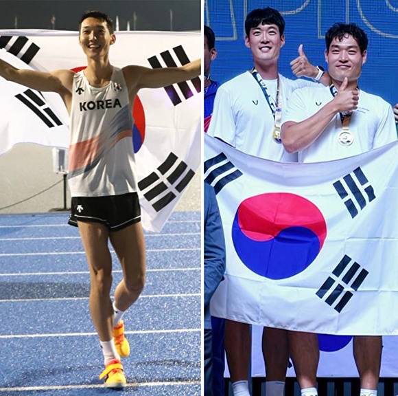 2025 구미아시아육상경기선수권대회에서 높이뛰기 금메달을 차지한 용인특례시 직장운동경기부 소속 우상혁 선수(왼쪽)와 2025 아시아실내조정선수권대회에서 2인승 종목 금메달을 획득한 조정팀 이상민·박지민 선수. [사진=용인특례시]