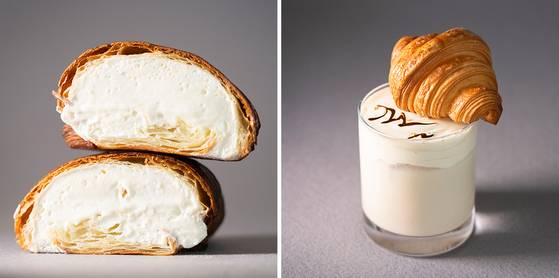 베이커리 카페 '댄싱두루미'의 제주 우유 크림 크루아상과 조각섬 밀크티. 사진 JW 메리어트 제주