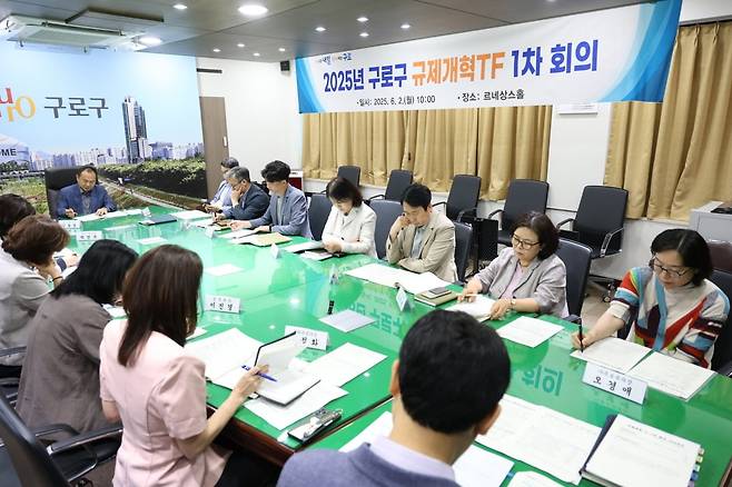 구로구가 2일 구청 르네상스홀에서 ‘2025년 규제개혁 전담반(TF) 1차 회의’를 열고 규제개혁 과제를 논의하고 있다. 구로구 제공