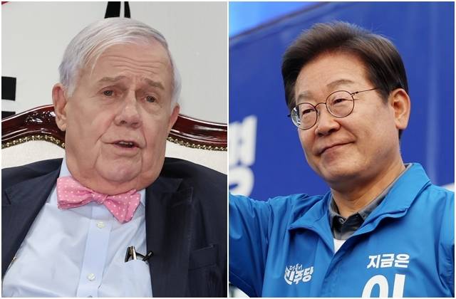짐 로저스 로저스홀딩스 회장(왼쪽 사진)과 이재명 더불어민주당 대선 후보. 뉴시스