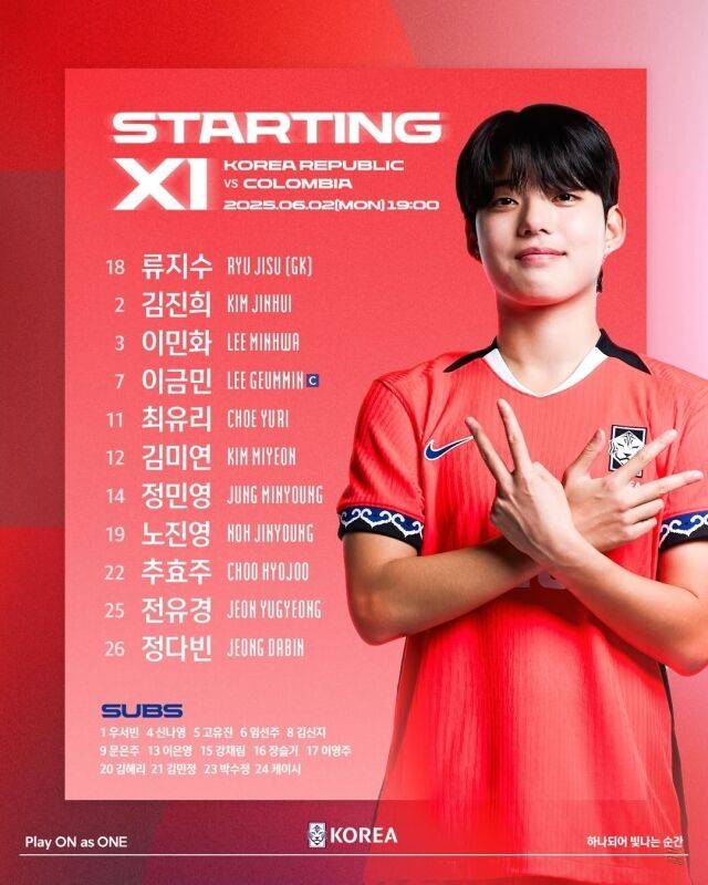 2일 콜롬비아와의 친선경기 2차전을 앞두고 발표된 여자축구대표팀 선발 라인업./대한축구협회