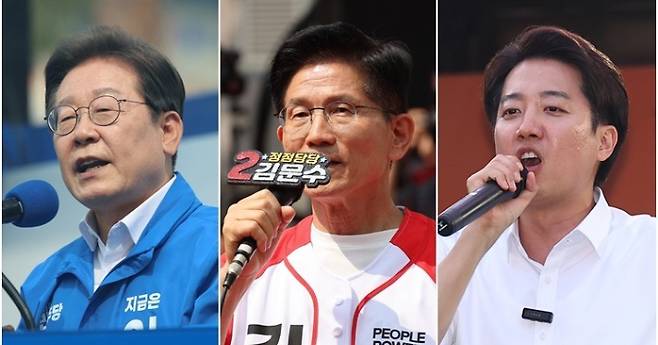 6.3 대선 후보. 왼쪽부터 더불어민주당 이재명 후보, 국민의힘 김문수 후보, 개혁신당 이준석 후보. 연합뉴스