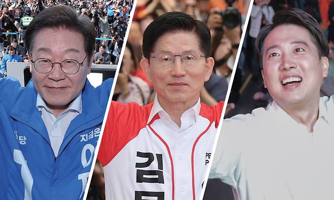 (왼쪽부터) 21대 대통령 선거에 출마한 이재명 더불어민주당 후보, 김문수 국민의힘 후보, 이준석 개혁신당 후보 ⓒ연합뉴스