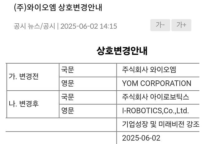 와이오엠, 회사명 '아이로보틱스'로 변경 [와이오엠 공시 캡처]