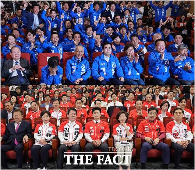 3일 오후 서울 여의도 국회에 마련된 제21대 대통령선거 개표상황실에서 출구조사 결과 발표 뒤 밝은 표정을 보이는 더불어민주당(위)과 굳은 표정의 국민의힘(아래). /국회=배정한·박헌우 기자