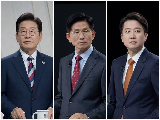 이재명 더불어민주당·김문수 국민의힘·이준석 개혁신당 대선 후보(왼쪽부터)가 지난달 27일 저녁 서울 상암동 MBC에서 열린 대선 후보 3차 TV토론에 참석해 있다. ⓒ국회사진기자단