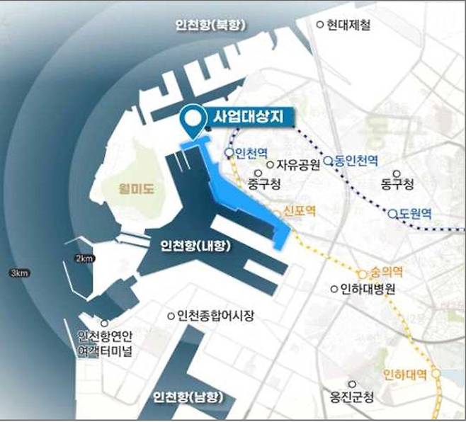 인천항 내항 1·8부두 재개발사업이 사업 추진 11년 만인 내년에 본격적인 공사에 들어간다. 인천항 내항 1·8부두 재개발사업 위치도. 인천도시공사 제공.