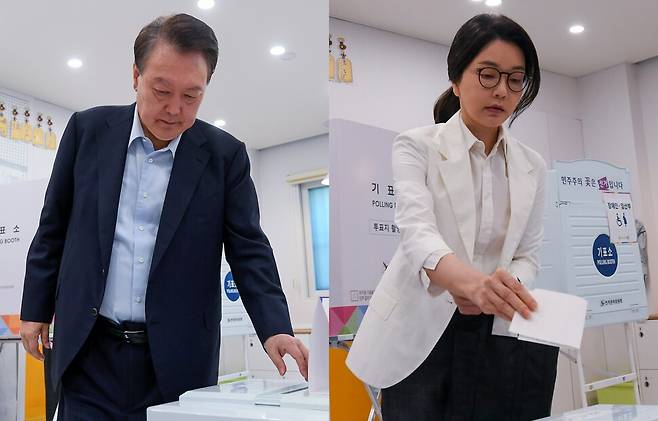 윤석열 전 대통령과 김건희 여사가 제21대 대통령 선거일인 3일 서울 서초구 원명초등학교에 마련된 서초4동제3투표소에서 투표하고 있다. 공동취재사진