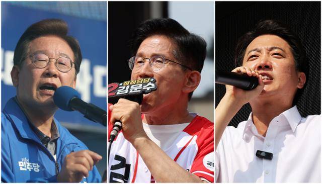 제21대 대통령 선거를 이틀 앞둔 지난 1일 더불어민주당 이재명 대선 후보(왼쪽부터)가 울산광역시 일산해수욕장 앞에서, 국민의힘 김문수 대선 후보가 경기도 수원컨벤션센터 광장에서, 개혁신당 이준석 대선 후보가 경기도 화성시 동탄호수공원에서 지지를 호소하고 있다. 연합뉴스
