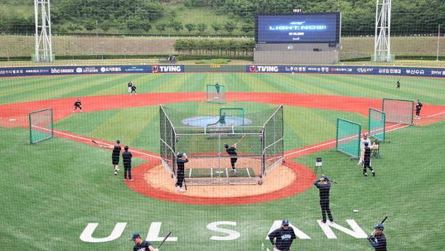 지난달 16일 프로야구 NC 다이노스의 임시 홈구장으로 사용되는 울산 문수야구장에서 NC 선수들이 키움 히어로즈와의 경기에 앞서 몸을 풀고 있다. 울산=연합뉴스