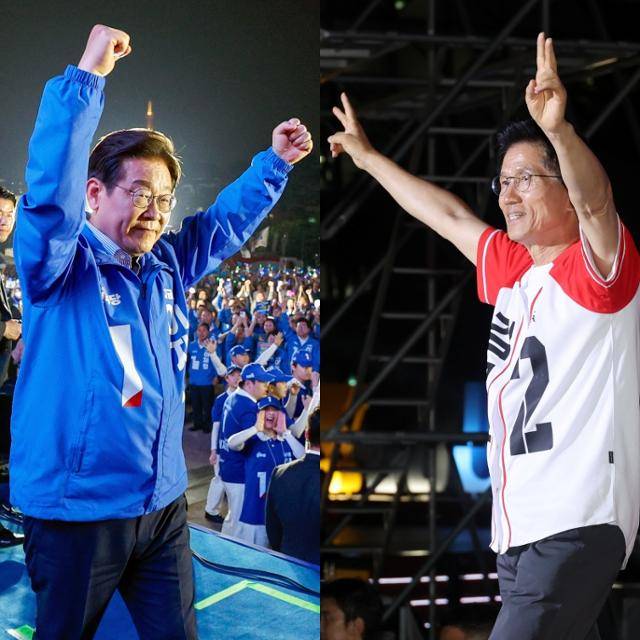 이재명(왼쪽 사진) 더불어민주당 대선 후보와 김문수 국민의힘 대선 후보가 2일 밤 서울 영등포구 여의도공원과 중구 시청 앞 광장에서 마지막 유세를 하고 있다. 뉴스1