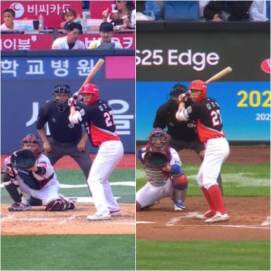 지난달 31일 수원 KT 위즈전과 지난달 24일 대구 삼성 라이온즈전 김호령의 타격 자세 변화. 왼쪽은 왼발이 닫혀있고 오른쪽은 열려있는 걸 확인할 수 있다. SBS스포츠, 티빙 캡처