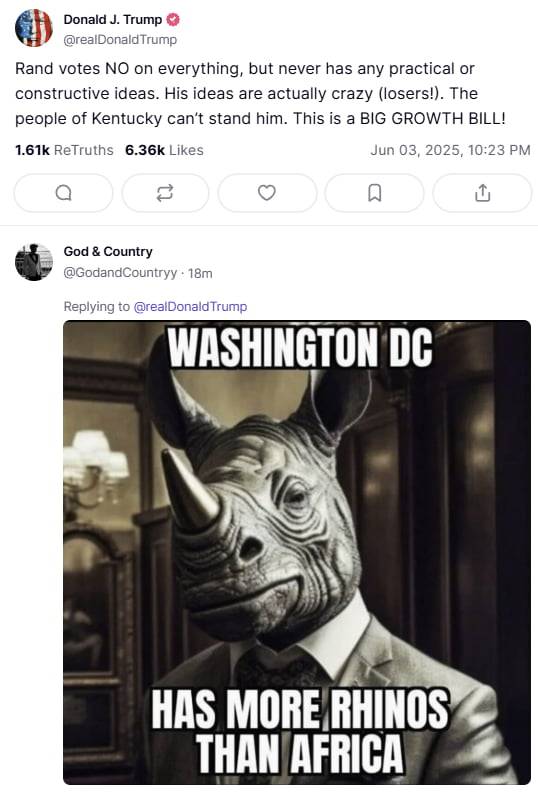 트럼프 대통령의 트루스소셜 메시지와 이 내용에 딸린 한 지지자의 코뿔소 메시지./ 트루스소셜 캡처