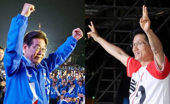 Democratic Party candidate Lee Jae-myung, left, holds up his arms at his final campaign rally in Yeouido, western Seoul, on June 2 while conservative People Power Party candidate Kim Moon-soo makes a similar gesture at his final rally in Seoul Plaza in Jung District, central Seoul, the same night. [NEWS1]