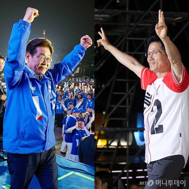 이재명 더불어민주당 대선 후보(왼쪽)과 김문수 국민의힘 대선 후보가 2일 밤 서울 영등포구 여의도공원과 중구 시청 앞 광장에서 마지막 유세를 하고 있다. 2025.6.2/뉴스1  Copyright (C) 뉴스1. All rights reserved. 무단 전재 및 재배포,  AI학습 이용 금지. /사진=(서울=뉴스1) 이광호 기자, 안은나 기자