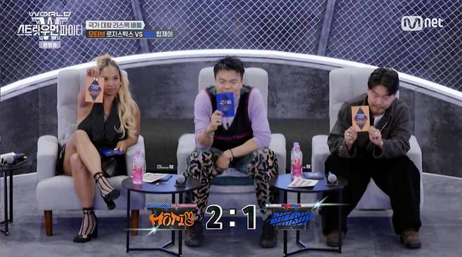 카드를 공개하는 심사위원들. /사진=Mnet '월드 오브 스트릿우먼파이터' 캡처