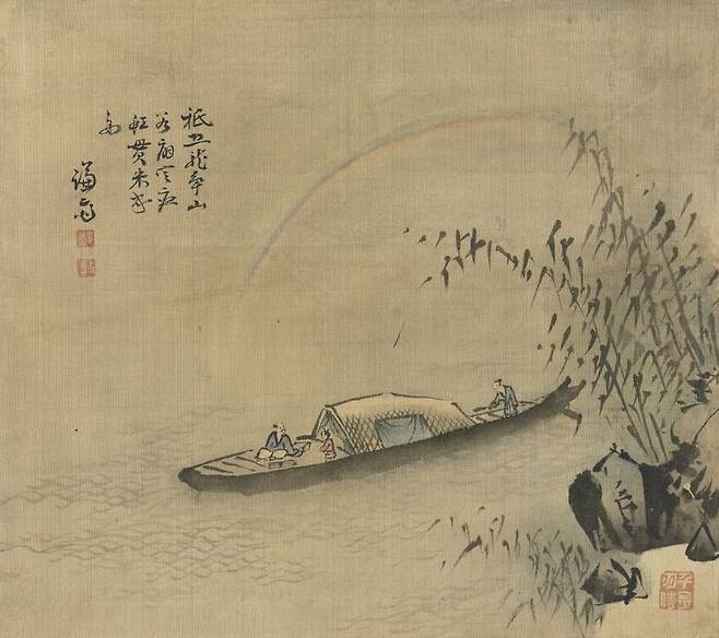 홍관미주도(경교명승첩) 虹貫米舟圖(京郊名勝帖) Mi Fu’s Boat under the Rainbow(Album of Scenic Sites in the Capital and Suburbs) 정선 조선, 1740 – 1741년 비단에 수묵담채 27.0 × 29.3 cm 간송미술문화재단 보물 *재판매 및 DB 금지