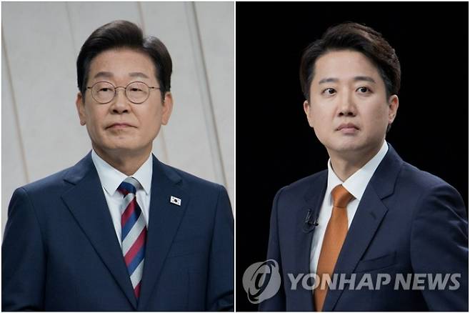 (서울=연합뉴스) 더불어민주당 이재명(왼쪽)·개혁신당 이준석 대선 후보가 27일 서울 마포구 상암동 MBC 스튜디오에서 진행된 정치 분야 TV토론회를 준비하고 있다. 2025.5.27 [국회사진기자단] photo@yna.co.kr 연합뉴스