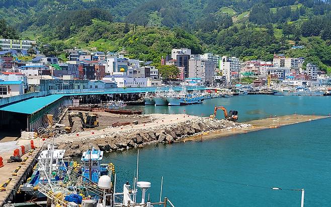 냉동공장 옆 수협위판장 앞 항내를 메우는 모습./김두한 기자