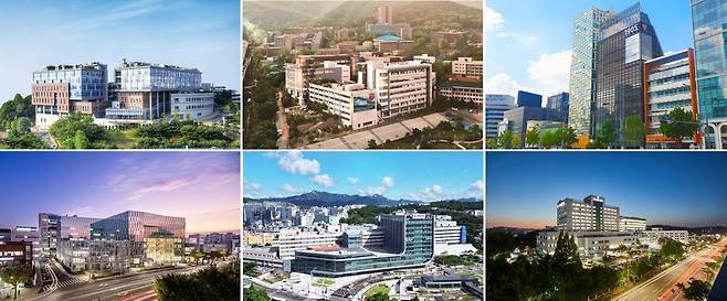 고려대의료원은 ‘2028 대전환’을 통해 글로벌 최고의 메디컬 브랜드로 자리매김할 계획을 발표했다. 왼쪽 위부터 시계 방향으로 의과대학, 정릉 메디사이언스파크, 청담 고영캠퍼스, 안산병원, 안암병원, 구로병원. 고려대의료원 제공