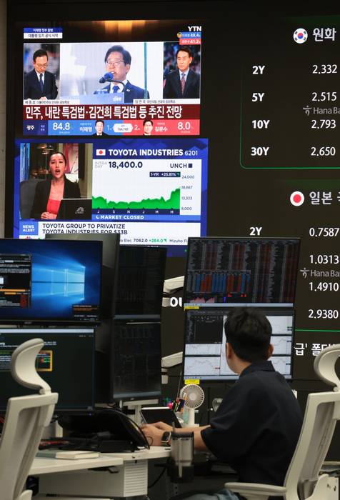 이재명 대통령 당선 첫날, 코스피ㆍ코스닥 1%대 상승 개장     (서울=연합뉴스) 김인철 기자 = 4일 서울 중구 하나은행 딜링룸 현황판에 이재명 대통령 당선 관련 뉴스 등이 표시되고 있다.     이날 코스피 지수는 전 거래일 대비 38.95포인트(1.44%) 오른 2,737.92에, 코스닥은 8.84포인트(1.19%) 오른 749.13에 개장했다. 2025.6.4     yatoya@yna.co.kr (끝)