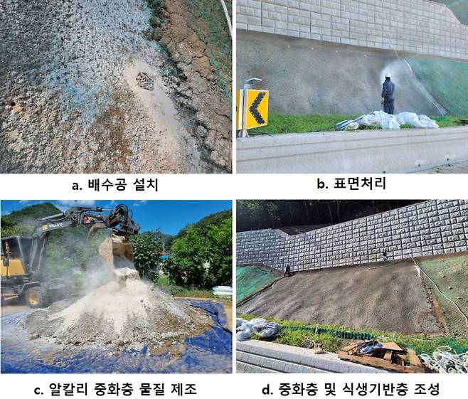 충북 보은군 콘크리트 비탈면에 생태복원기술을 시공하는 과정. 한국지질자원연구원