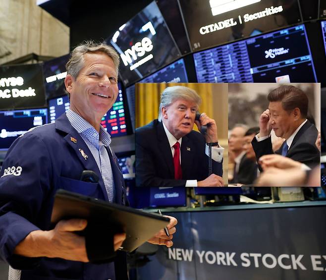 뉴욕증권거래소(NYSE)의 모습. 도널드 트럼프 미국 대통령과 시진핑 중국 국가 주석의 모습. [AP, 로이터, AFP]