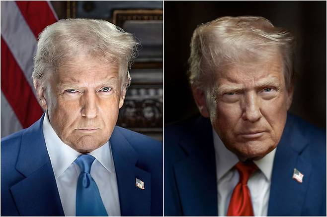 도널드 트럼프 대통령의 첫 공식 사진(왼쪽)과 새 사진(오른쪽). (사진=공식 SNS 캡처) *재판매 및 DB 금지