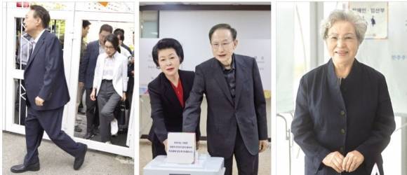 윤석열 전 대통령과 김건희 여사가 3일 서울 서초구 원명초등학교에 마련된 투표소에서 투표를 마친 뒤 차량으로 향하고 있다(왼쪽 사진). 가운데 사진은 이명박 전 대통령과 김윤옥 여사가 서울 강남구의 한 투표소에서 투표하는 모습. 오른쪽 사진은 고 노무현 전 대통령의 부인 권양숙 여사가 경남 김해 봉하마을 인근에 마련된 투표소에서 투표를 마친 모습. 서울·김해 연합뉴스