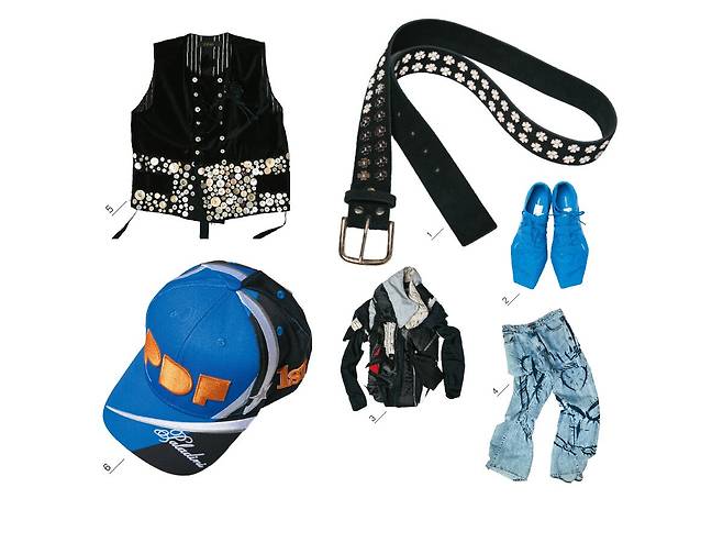 1 네잎클로버 모티브 스터드 장식 벨트 보디 제품.2 각진 실루엣의 스니커즈 푸마×코페르니 제품.3 해체주의적인 업사이클링 재킷 알리사 마리 흐루너펠트 제품.4 타이다이 디테일 데님 팬츠 마샤포포바 제품.5 단추 장식 베스트 아르키비오 J.M. 리보 제품.6 로고 디테일 볼캡 PDF 제품.