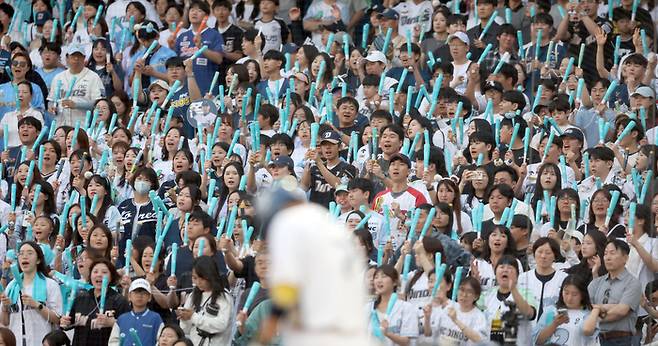 1일 창원NC파크에서 열린 2025 KBO리그 한화와 NC의 경기에서 1루 쪽 NC 팬들이 응원하고 있다. 사진 | 창원=연합뉴스