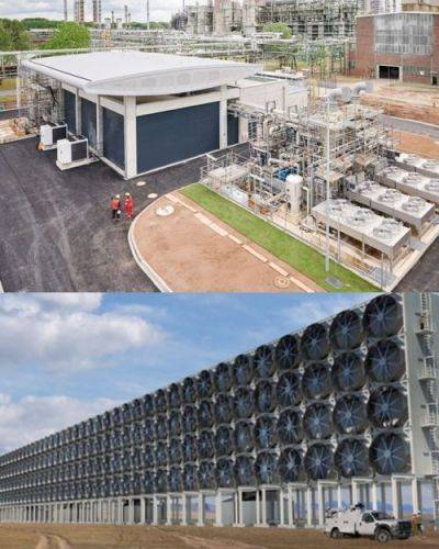 독일 쾰른의 수전해(PEM) 수소 생산 장치(위)와 미국 탄소 포집용 팬(아래). 두 장치를 사용하면 물과 대기에서 각각 수소와 이산화탄소를 추출해 합성할 수 있다. 로열더치쉘·미 기계공학학회 홈페이지 캡처