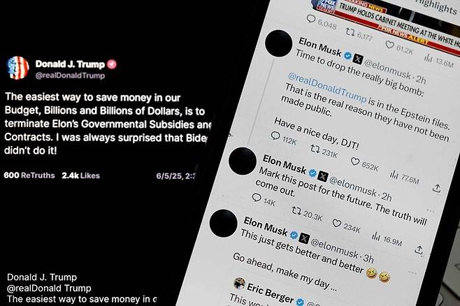 도널드 트럼프 미국 대통령과 일론 머스크의 소셜미디어 게시물을 나란히 배치한 일러스트. AFP연합뉴스