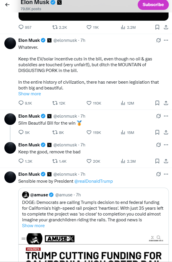 일론 머스크 테슬라 최고경영자(CEO)가 5일 자신의 엑스(X)에 도널드 트럼프 미국 대통령을 비판하는 글을 연이어 올리고 있다. X 캡처