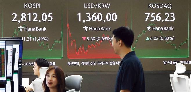 코스피지수가 5일 2810대로 뛰고 원·달러 환율은 1350원대에 진입했다. 서울 하나은행 본점 딜링룸 전광판에 주가지수와 환율이 표시돼 있다.   /김범준 기자